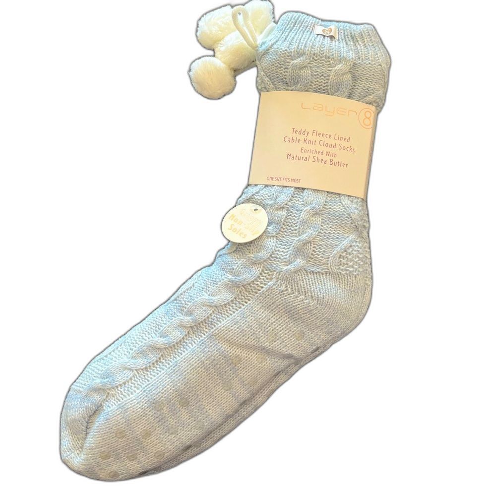 NWT Layer 8 Teddy Fleece‎ Lined Cable Knit Cloud Socks w/Shea Butter Cozy Warm